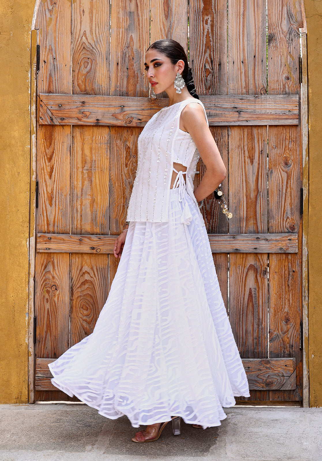 White Poly Georgette Top & Skirt Set