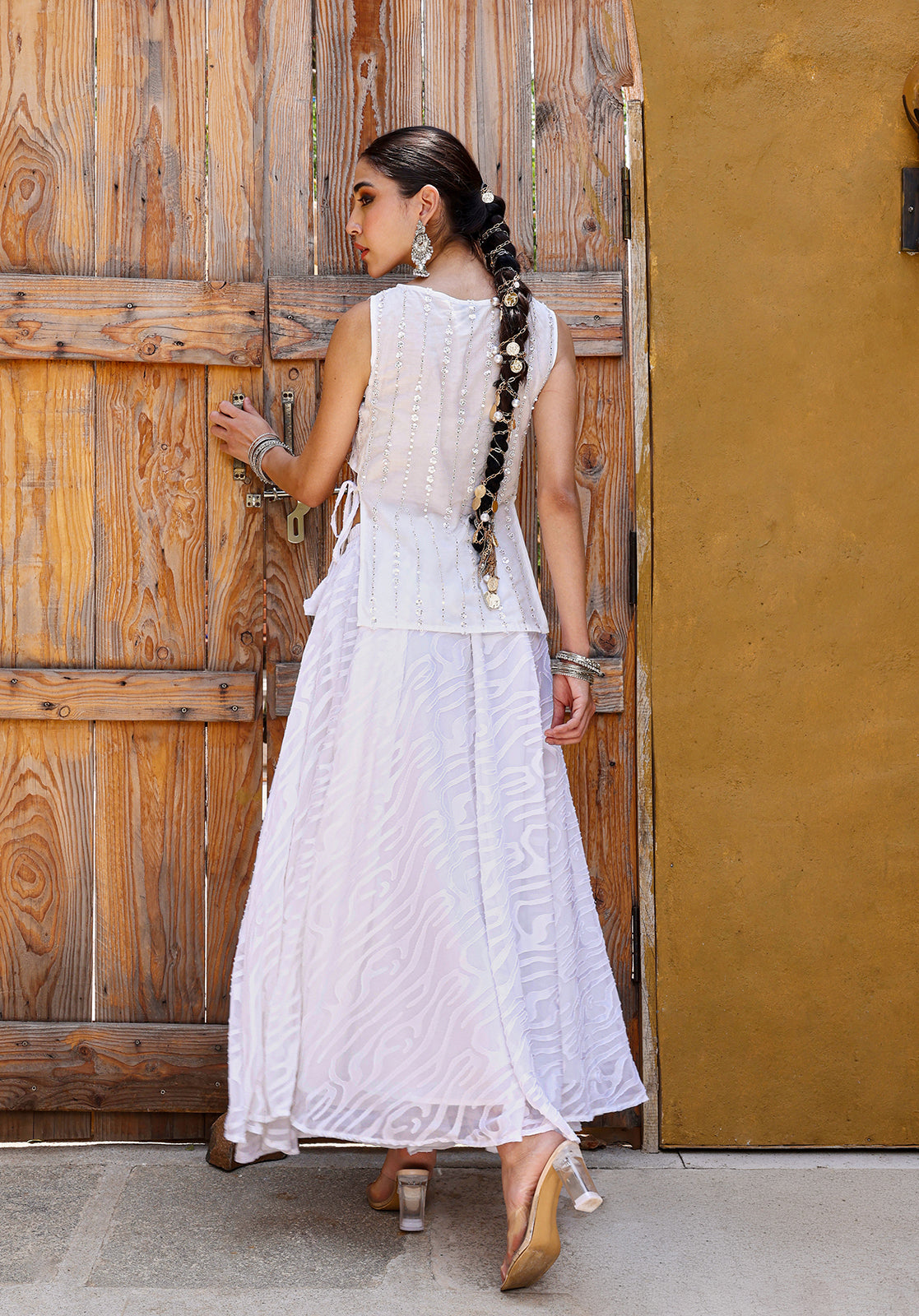White Poly Georgette Top & Skirt Set