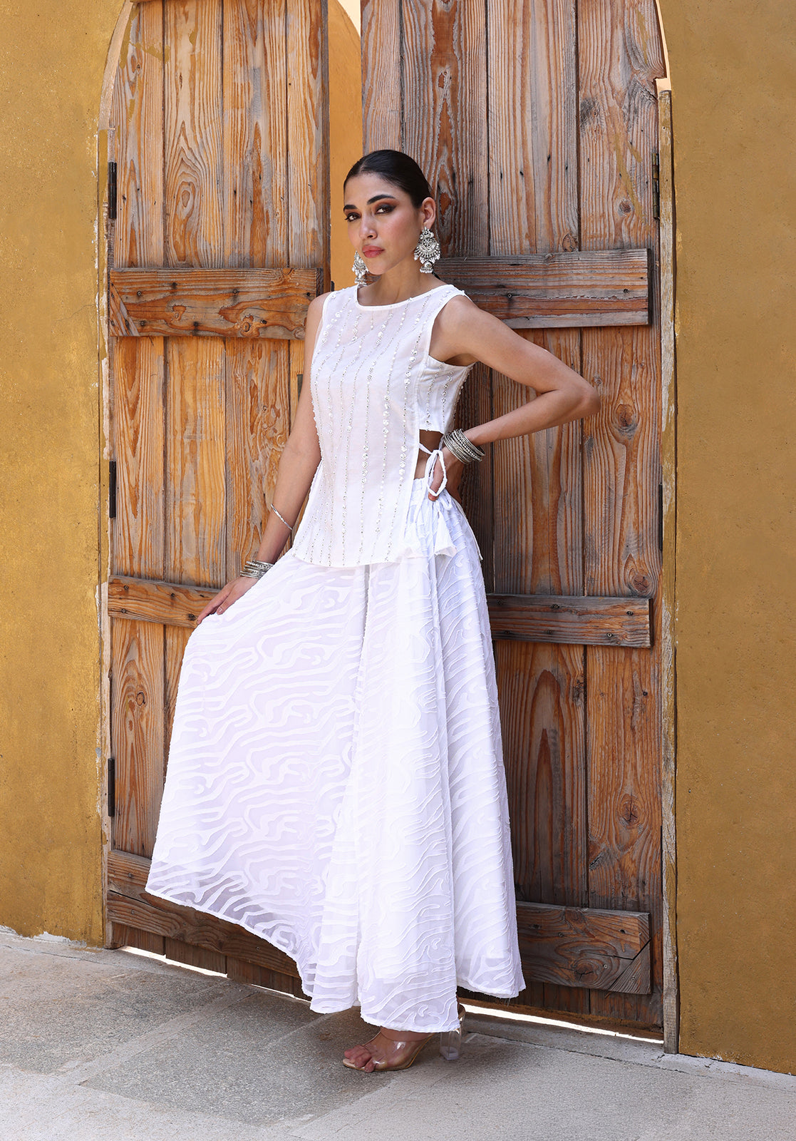 White Poly Georgette Top & Skirt Set
