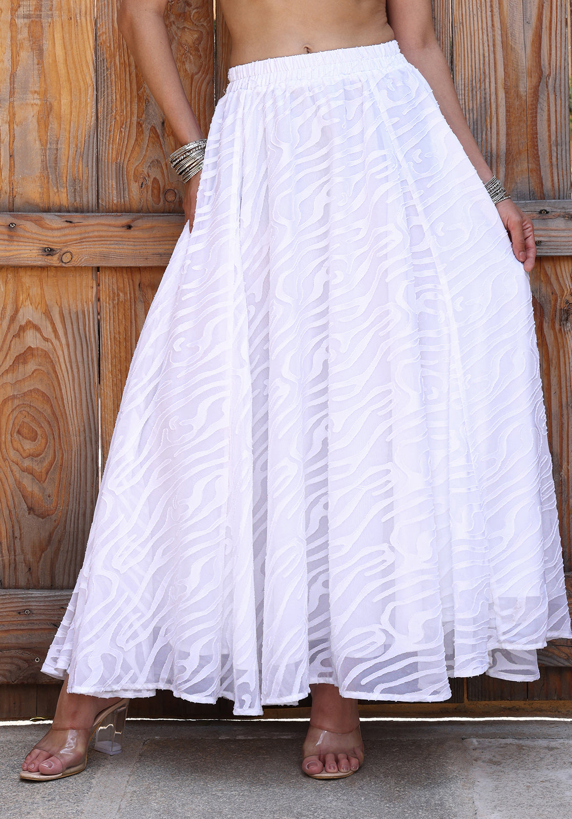 White Poly Georgette Top & Skirt Set