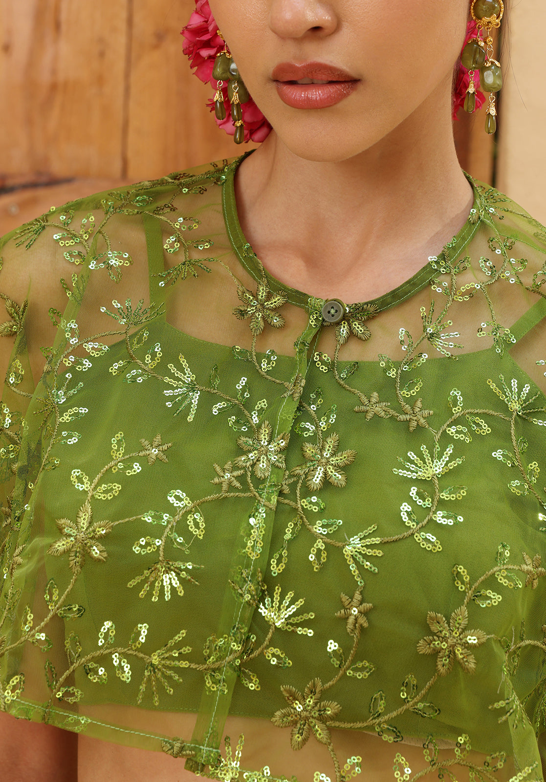 Green Poly Georgette Crop Top, Skirt and Cape Set