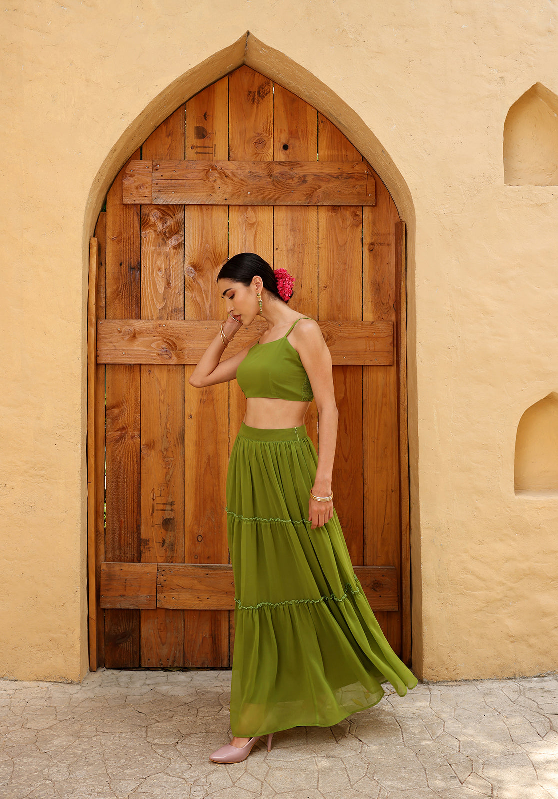Green Poly Georgette Crop Top, Skirt and Cape Set