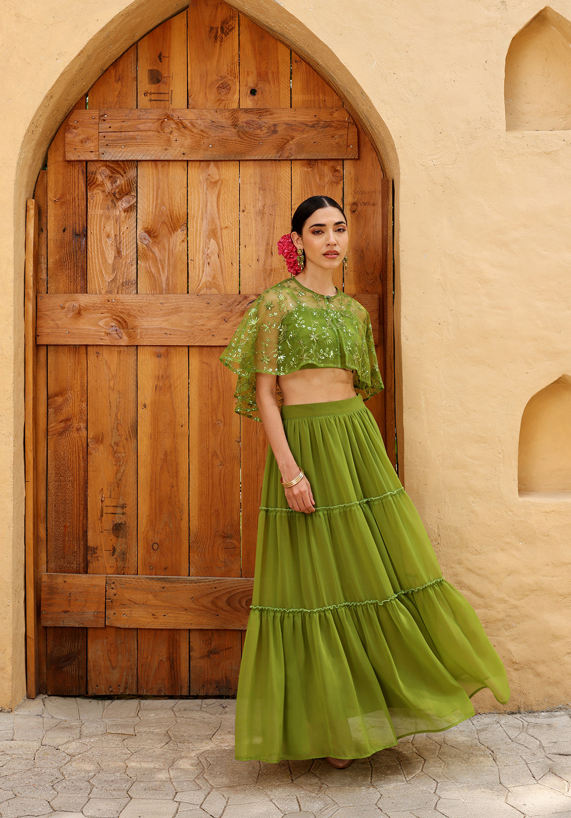 Green Poly Georgette Crop Top, Skirt and Cape Set