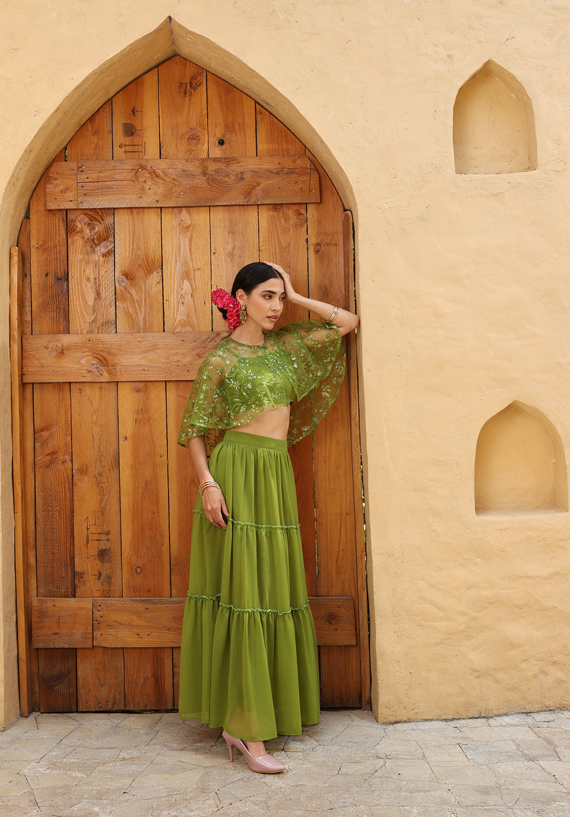 Green Poly Georgette Crop Top, Skirt and Cape Set