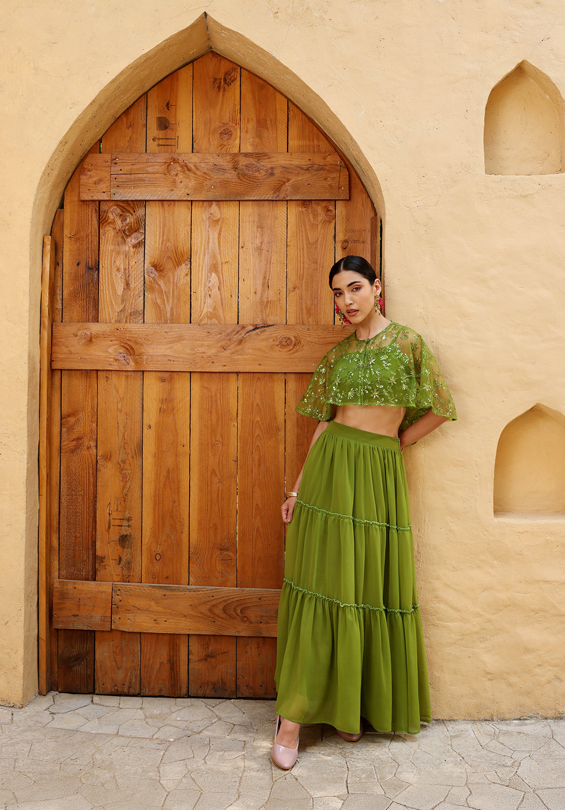 Green Poly Georgette Crop Top, Skirt and Cape Set
