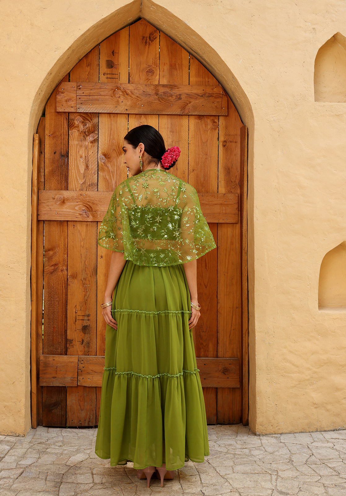 Green Poly Georgette Crop Top, Skirt and Cape Set