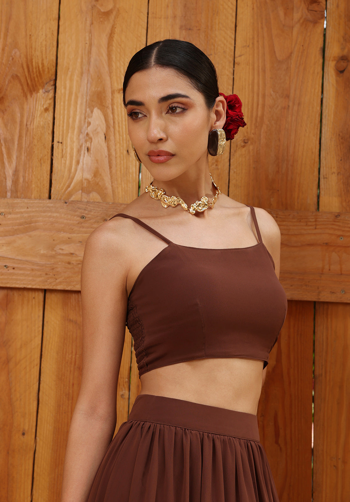 Brown Poly Georgette Cape Set