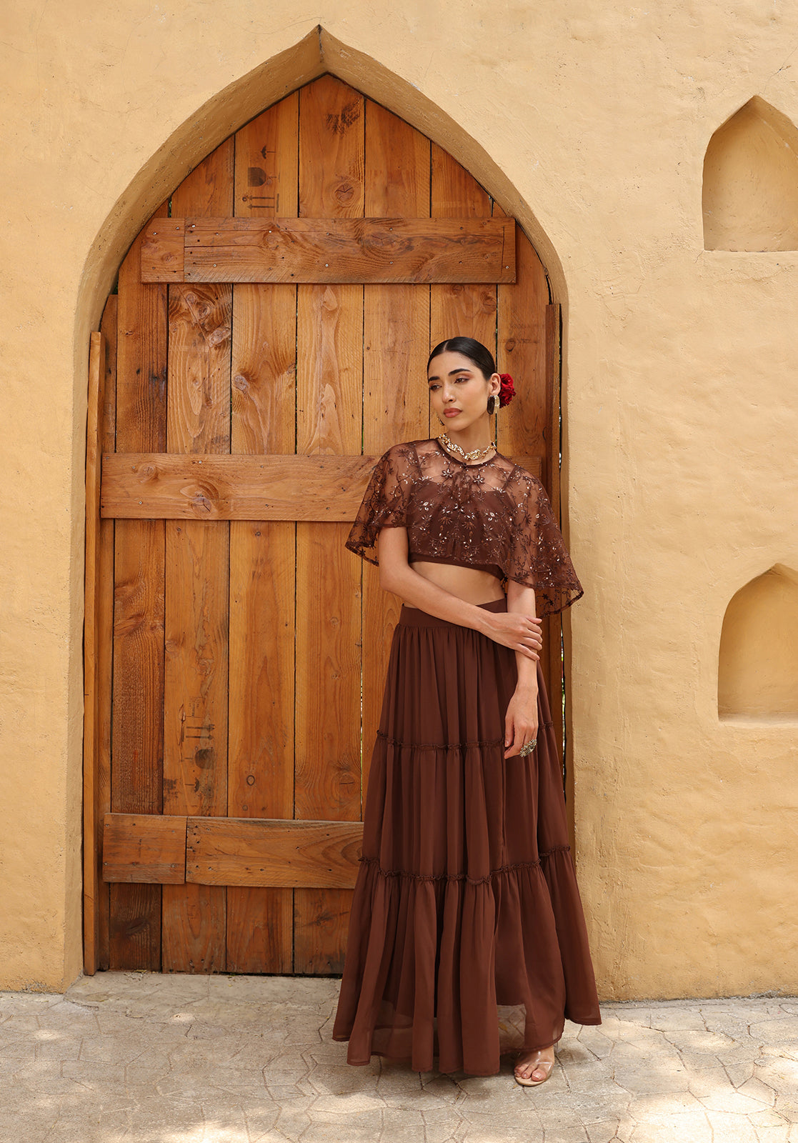 Brown Poly Georgette Cape Set