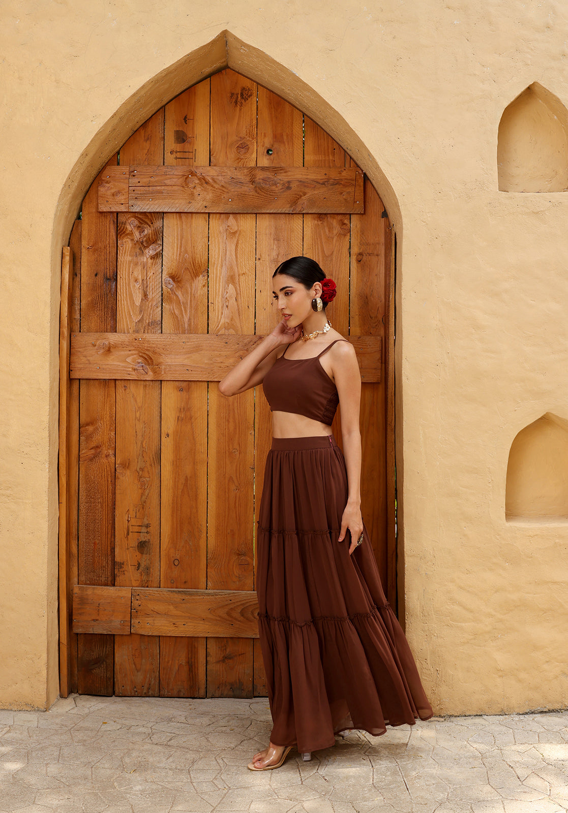 Brown Poly Georgette Cape Set