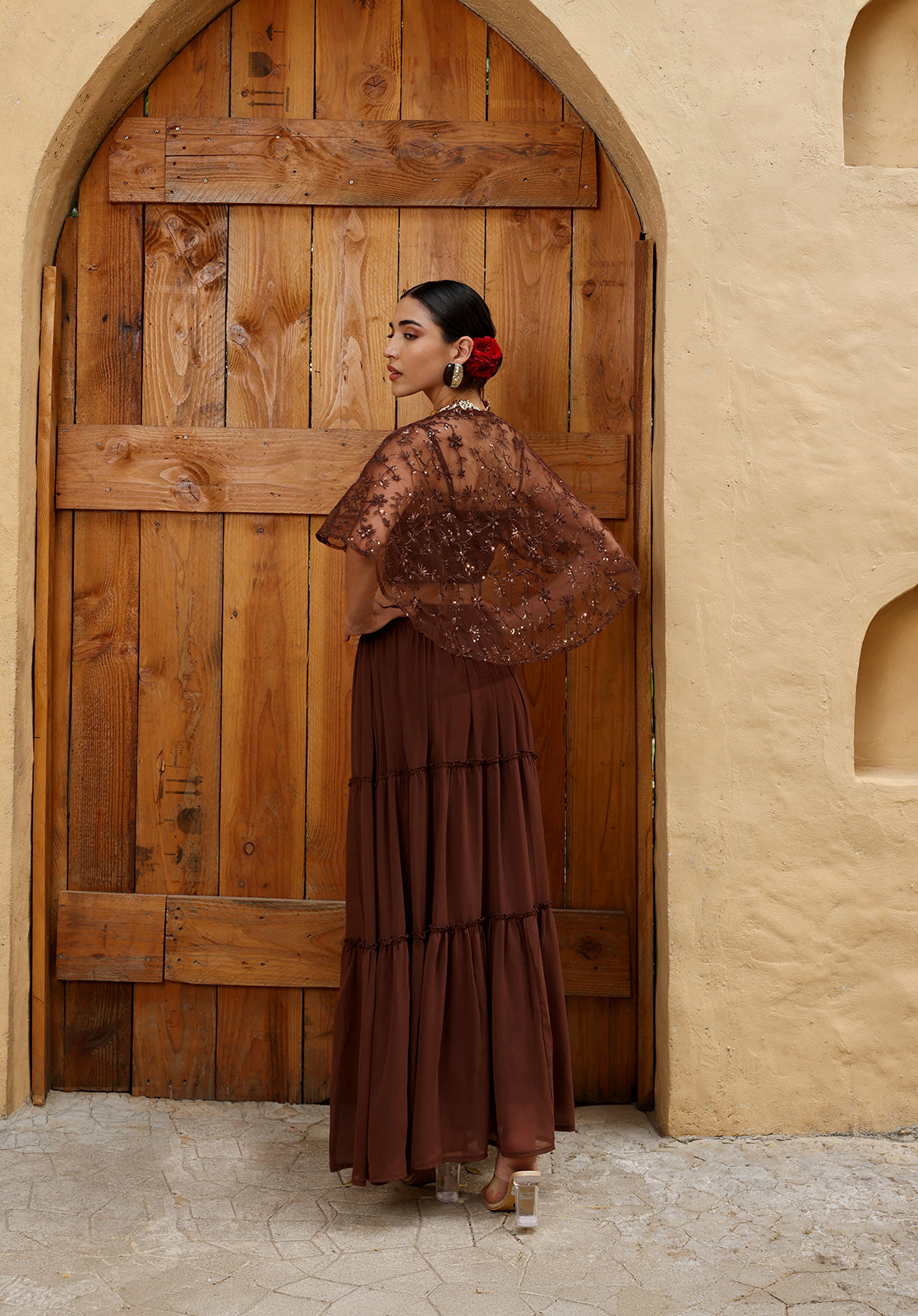 Brown Poly Georgette Cape Set