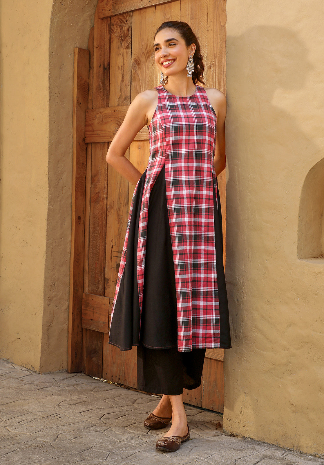 Red Cotton Blend Kurta with Palazzos