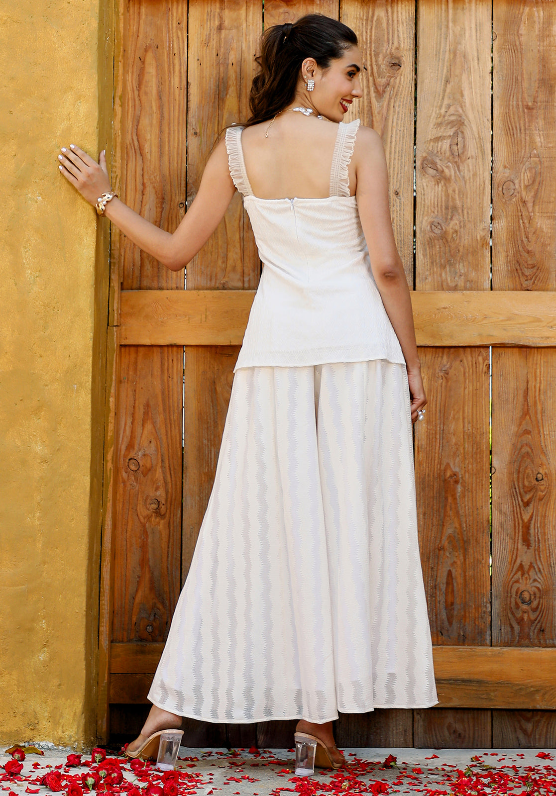 Knitted Self-Design Sleeveless Square Neck Palazzo Off-White  Co-ord Set