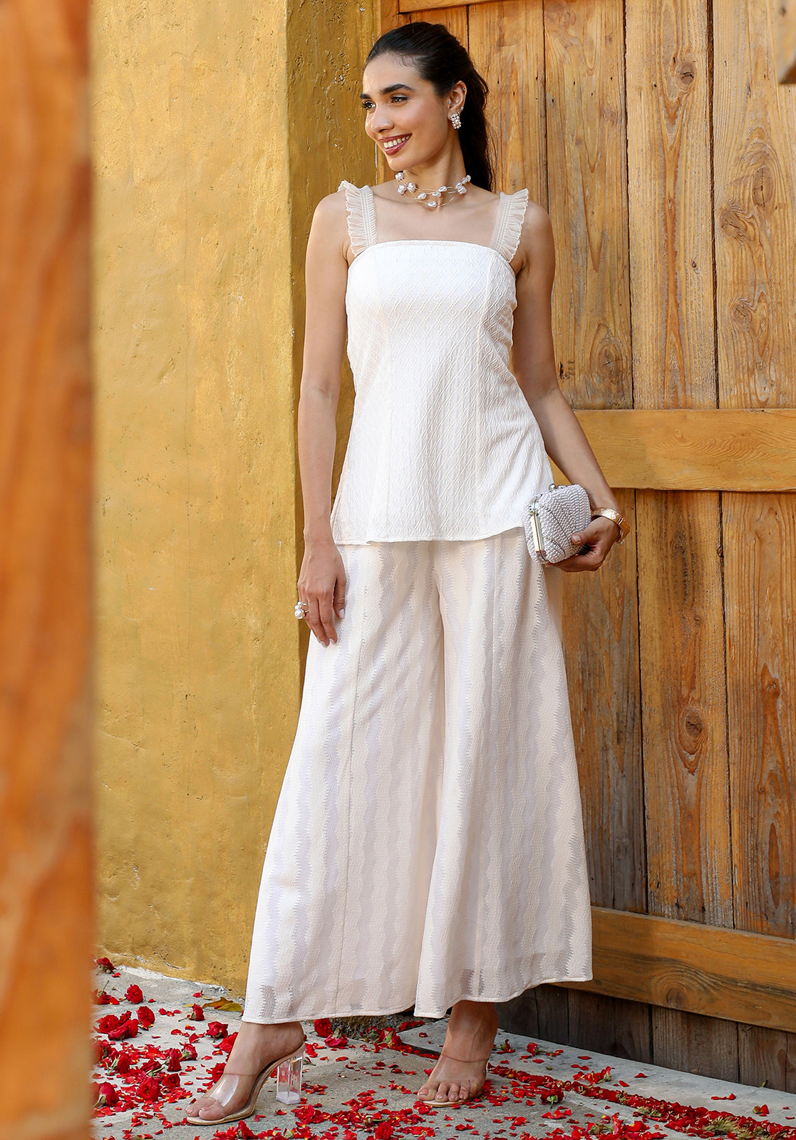 Knitted Self-Design Sleeveless Square Neck Palazzo Off-White  Co-ord Set