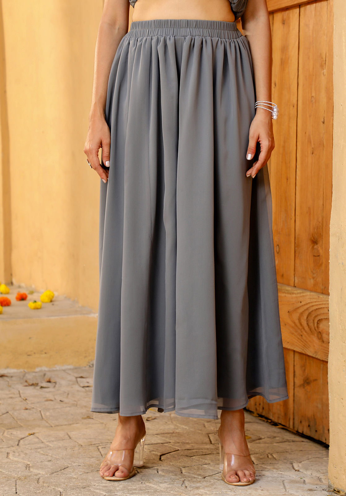 Grey Cotton Blend Geometric Textured Kurta with Palazzos & Dupatta Set