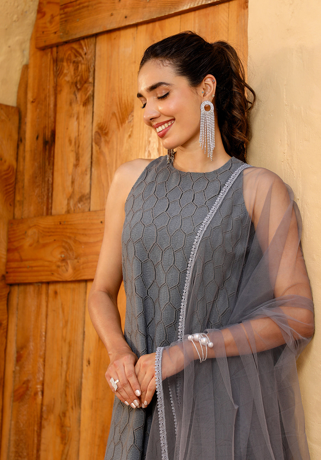 Grey Cotton Blend Geometric Textured Kurta with Palazzos & Dupatta Set