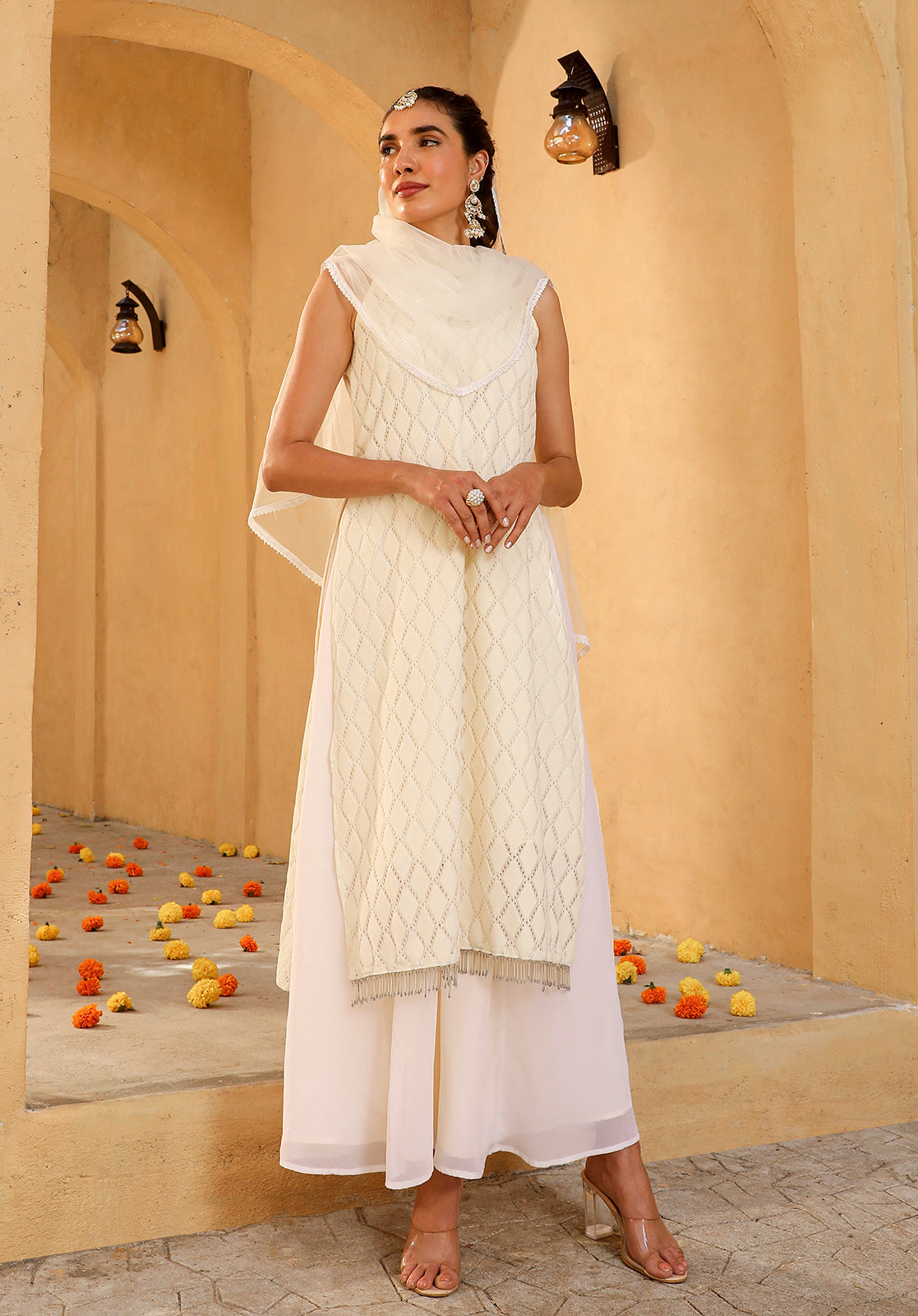 Cream Cotton Blend Kurta Palazzo & Dupatta Set