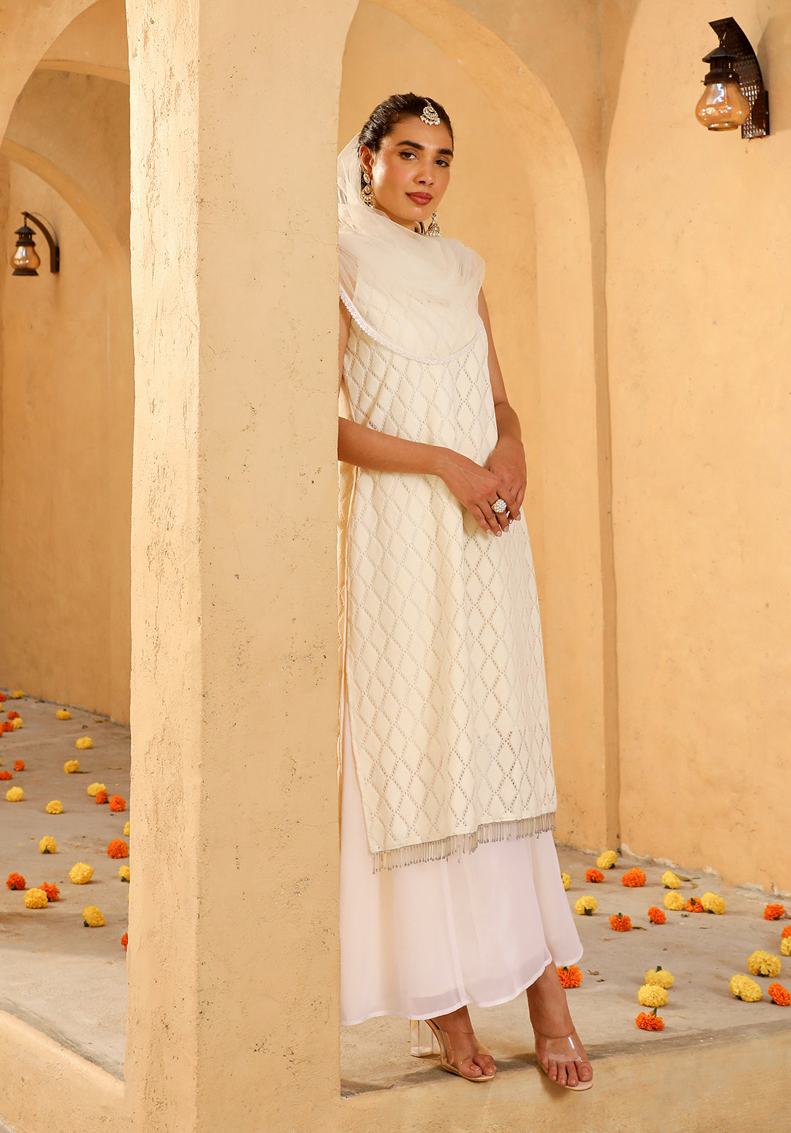 Cream Cotton Blend Kurta Palazzo & Dupatta Set