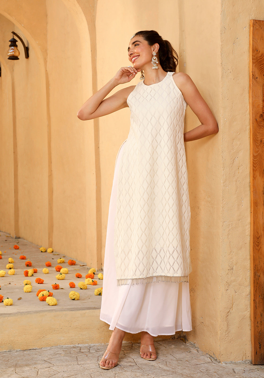 Cream Cotton Blend Kurta Palazzo & Dupatta Set