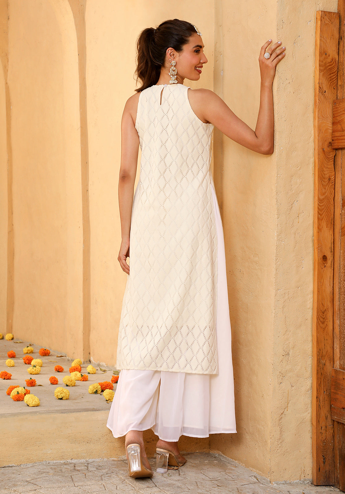 Cream Cotton Blend Kurta Palazzo & Dupatta Set