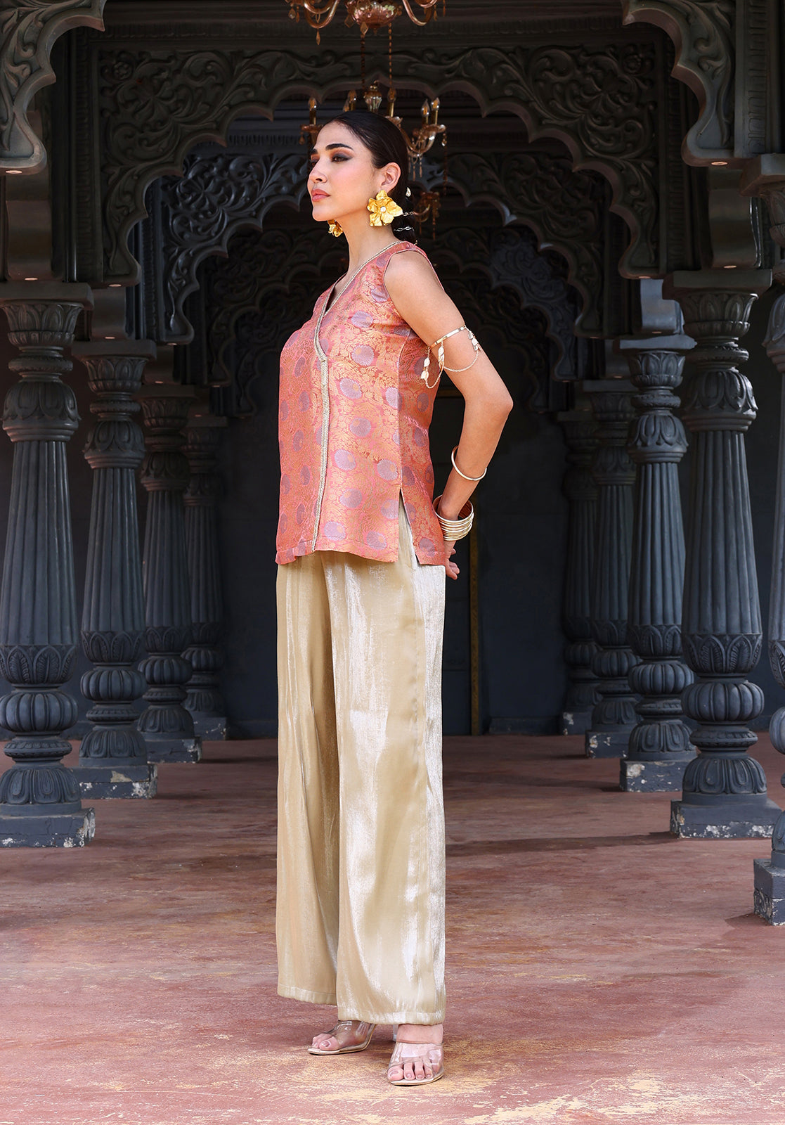 Woven Polysilk Sleeveless V-Neck Peach  Co-ord Set