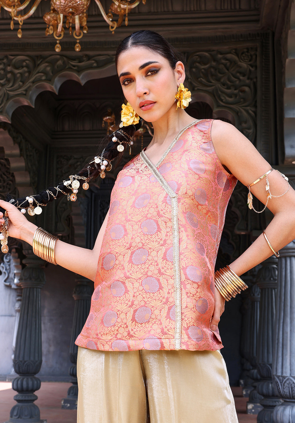 Woven Polysilk Sleeveless V-Neck Peach  Co-ord Set