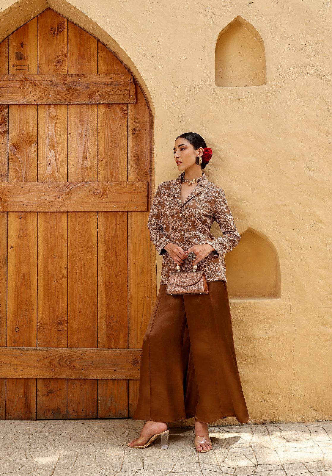 Floral Satin Full Sleeves Shirt Collar Brown  Co-ord Set