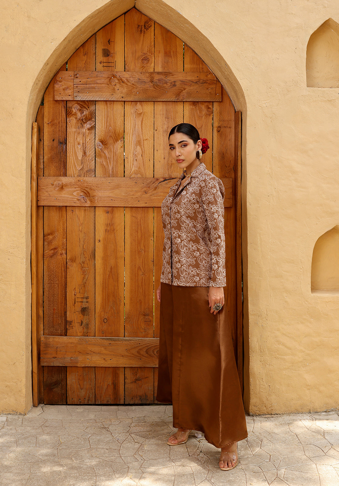 Floral Satin Full Sleeves Shirt Collar Brown  Co-ord Set