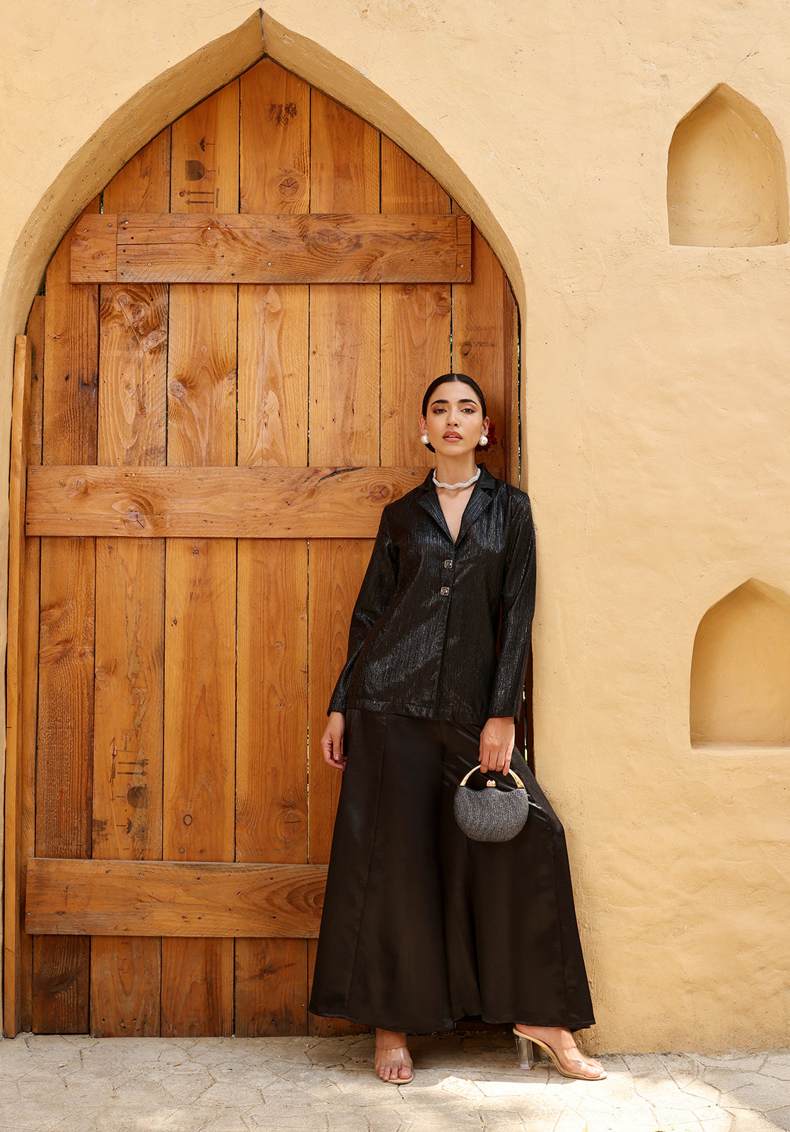 Textured Satin Shirt Collar Long Sleeve Black  Co-ord Set