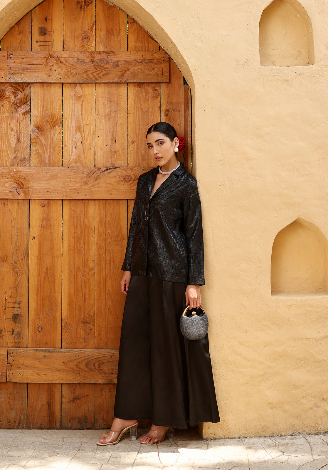 Textured Satin Shirt Collar Long Sleeve Black  Co-ord Set