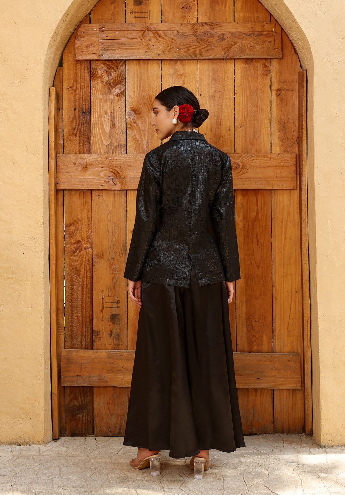 Textured Satin Shirt Collar Long Sleeve Black  Co-ord Set