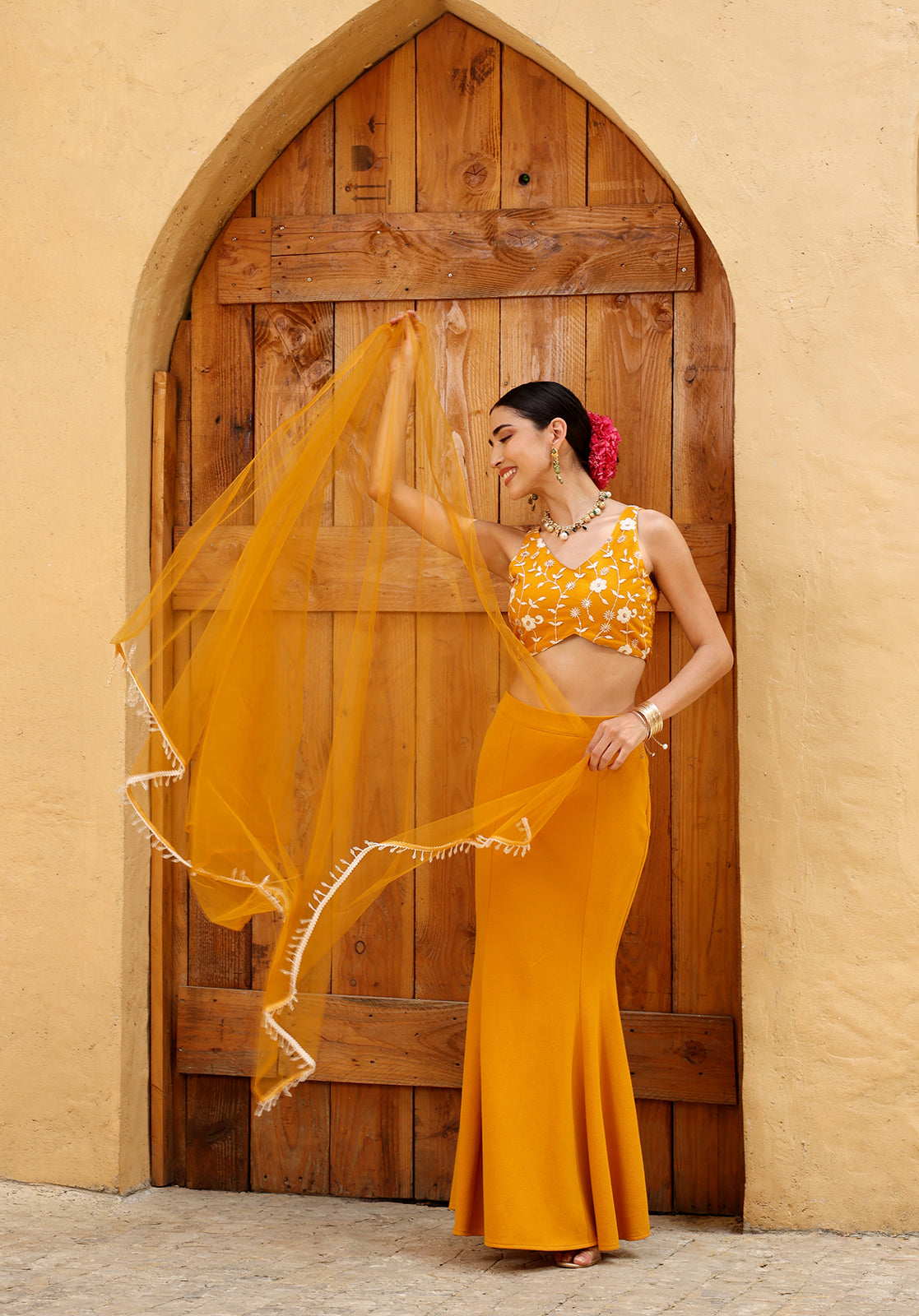 Mustard Polyblend Lehenga Choli Set