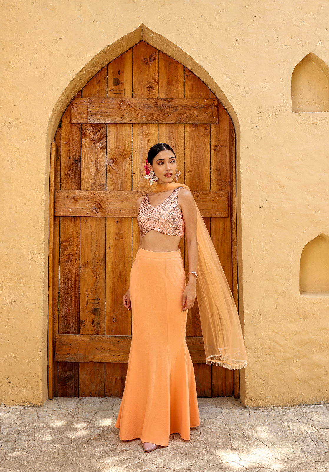 Peach Polyblend Lehenga Choli Set