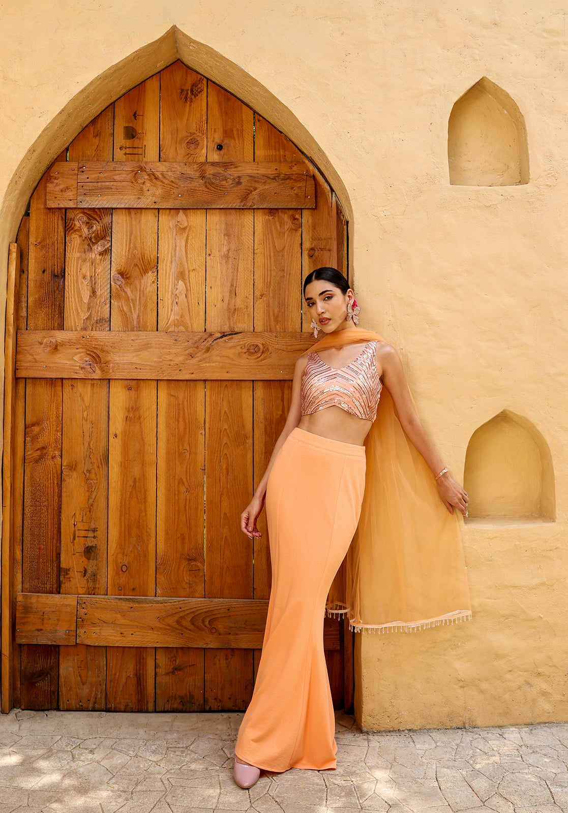Peach Polyblend Lehenga Choli Set