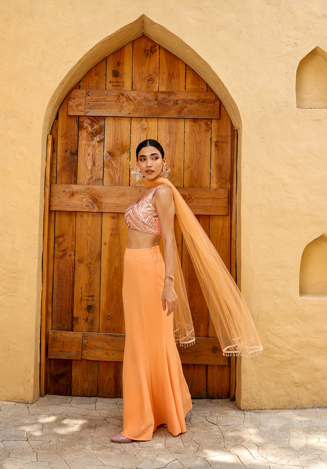 Peach Polyblend Lehenga Choli Set