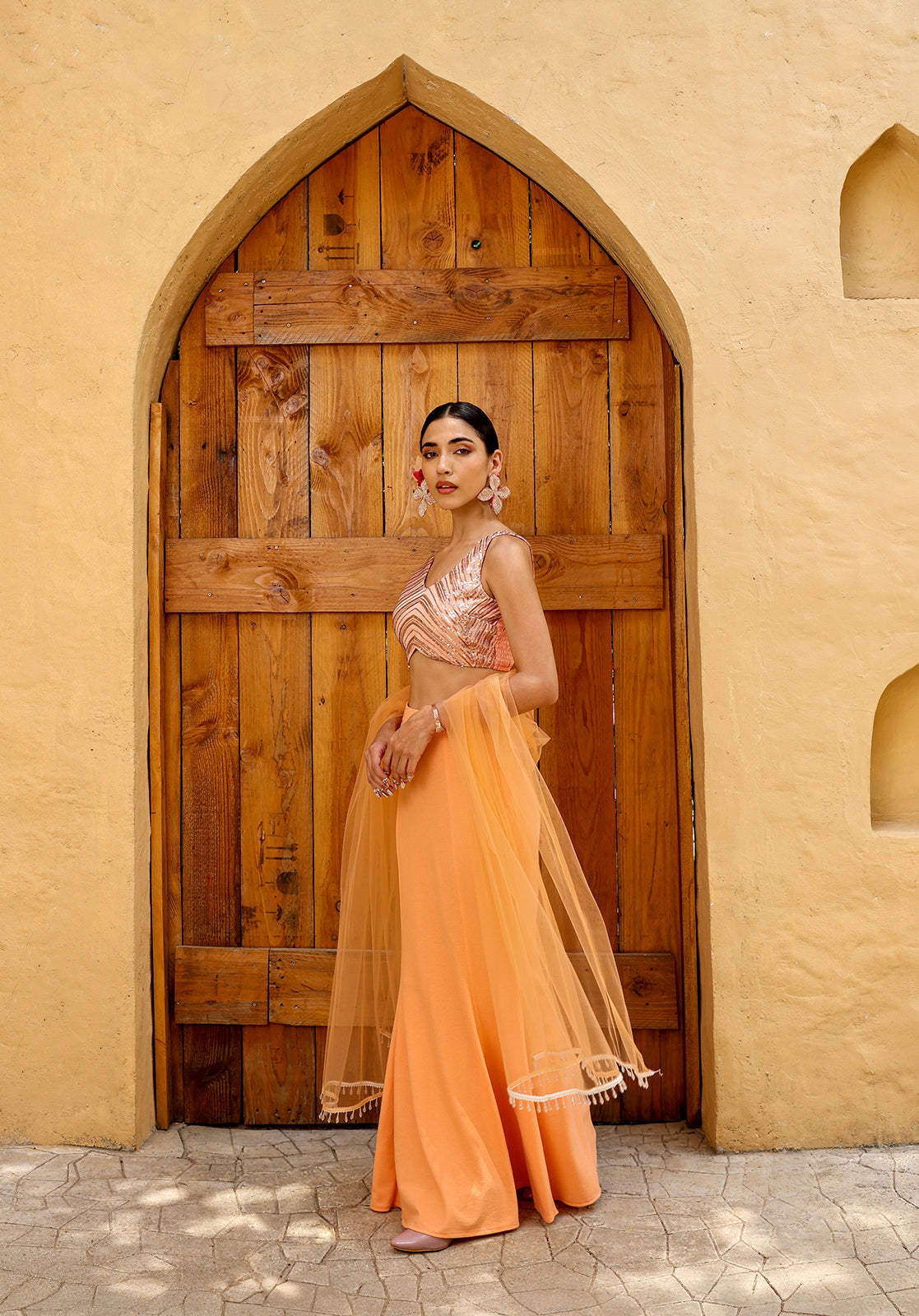 Peach Polyblend Lehenga Choli Set