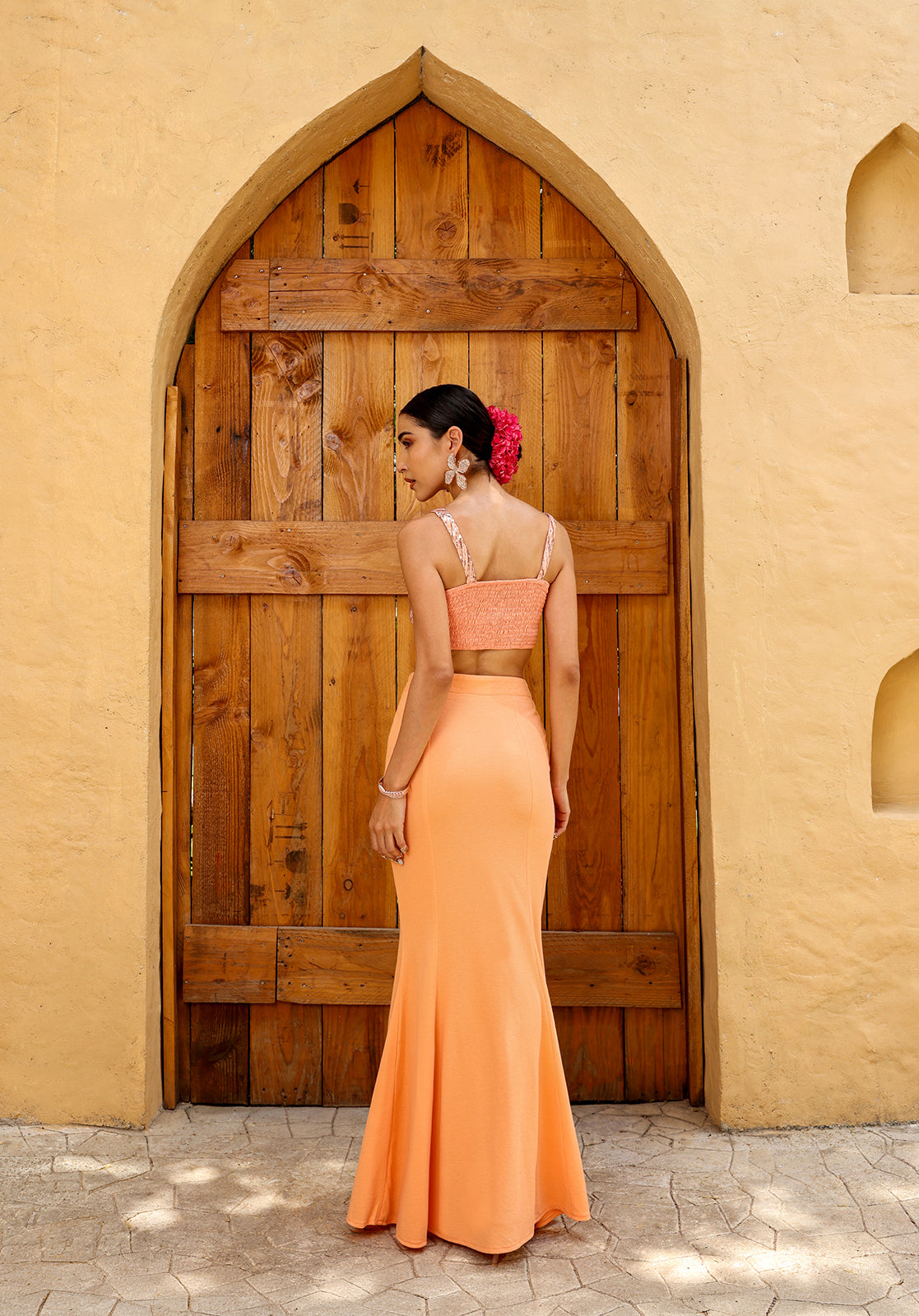 Peach Polyblend Lehenga Choli Set