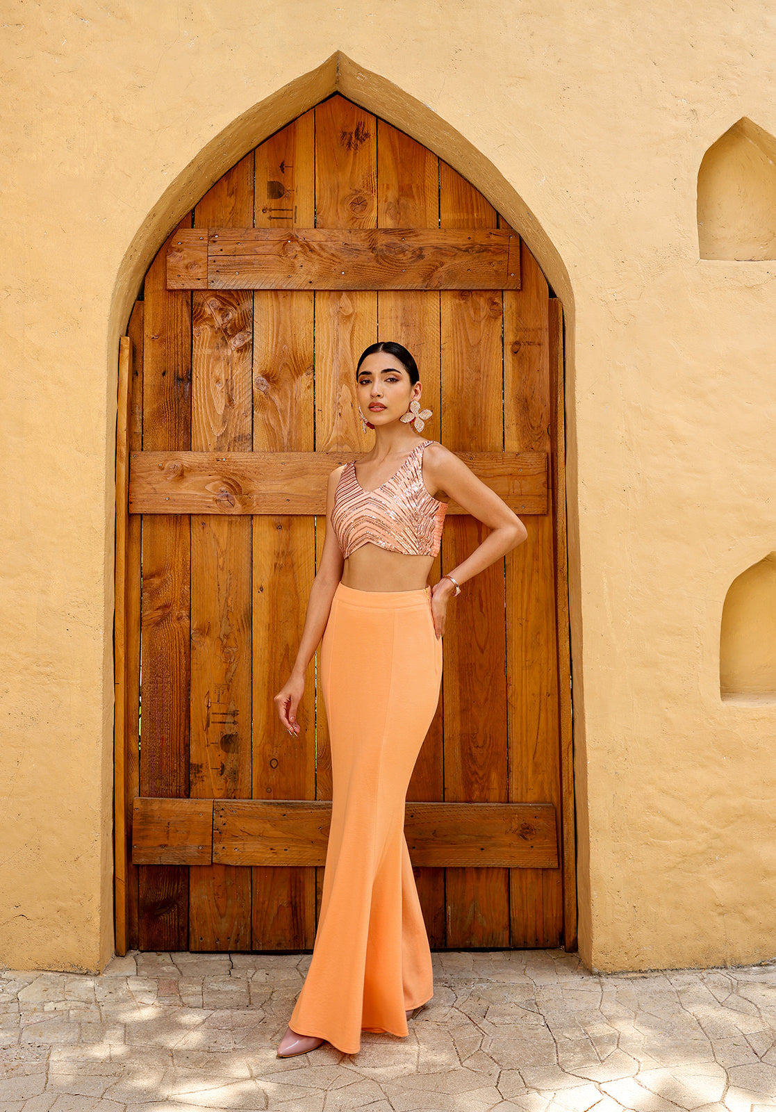 Peach Polyblend Lehenga Choli Set