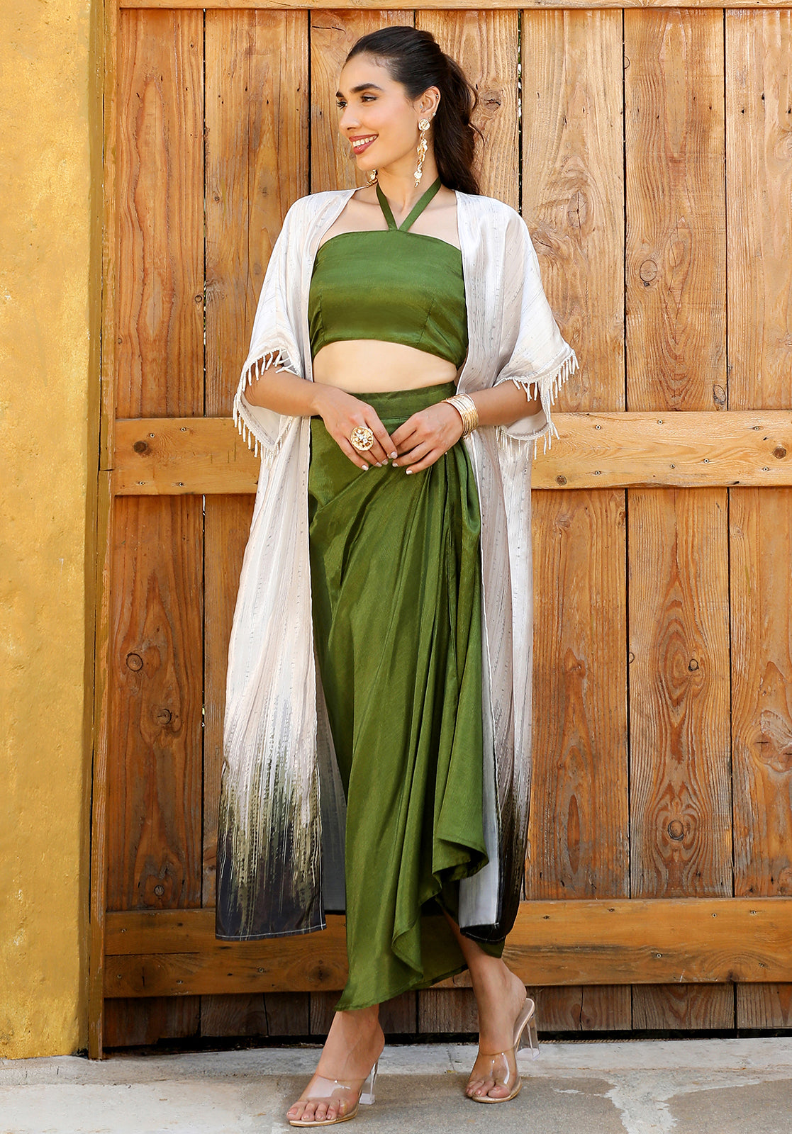 Solid Silk Blend Halter Neck Sleeveless Olive Green  Co-ord Set