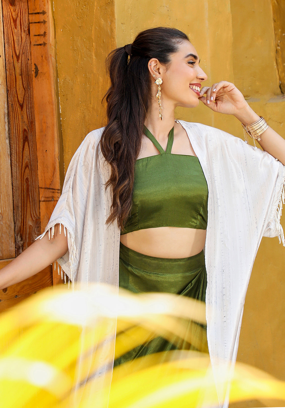 Solid Silk Blend Halter Neck Sleeveless Olive Green  Co-ord Set