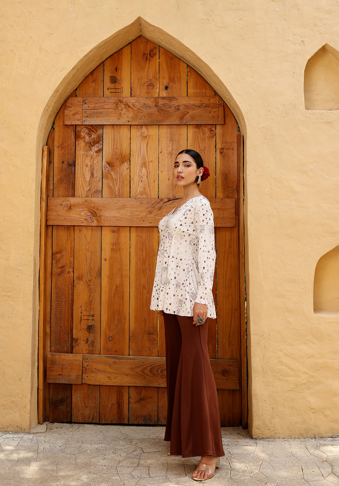 Printed Pleated V-Neck Full Sleeve White  Co-ord Set