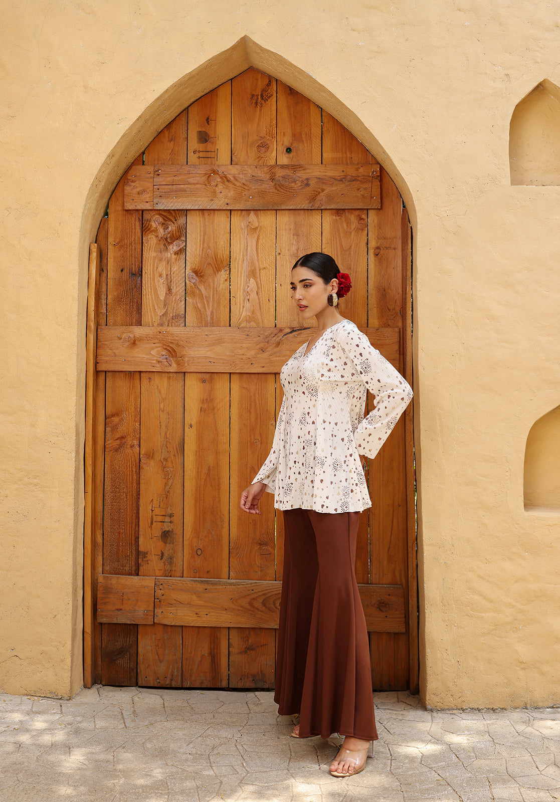 Printed Pleated V-Neck Full Sleeve White  Co-ord Set
