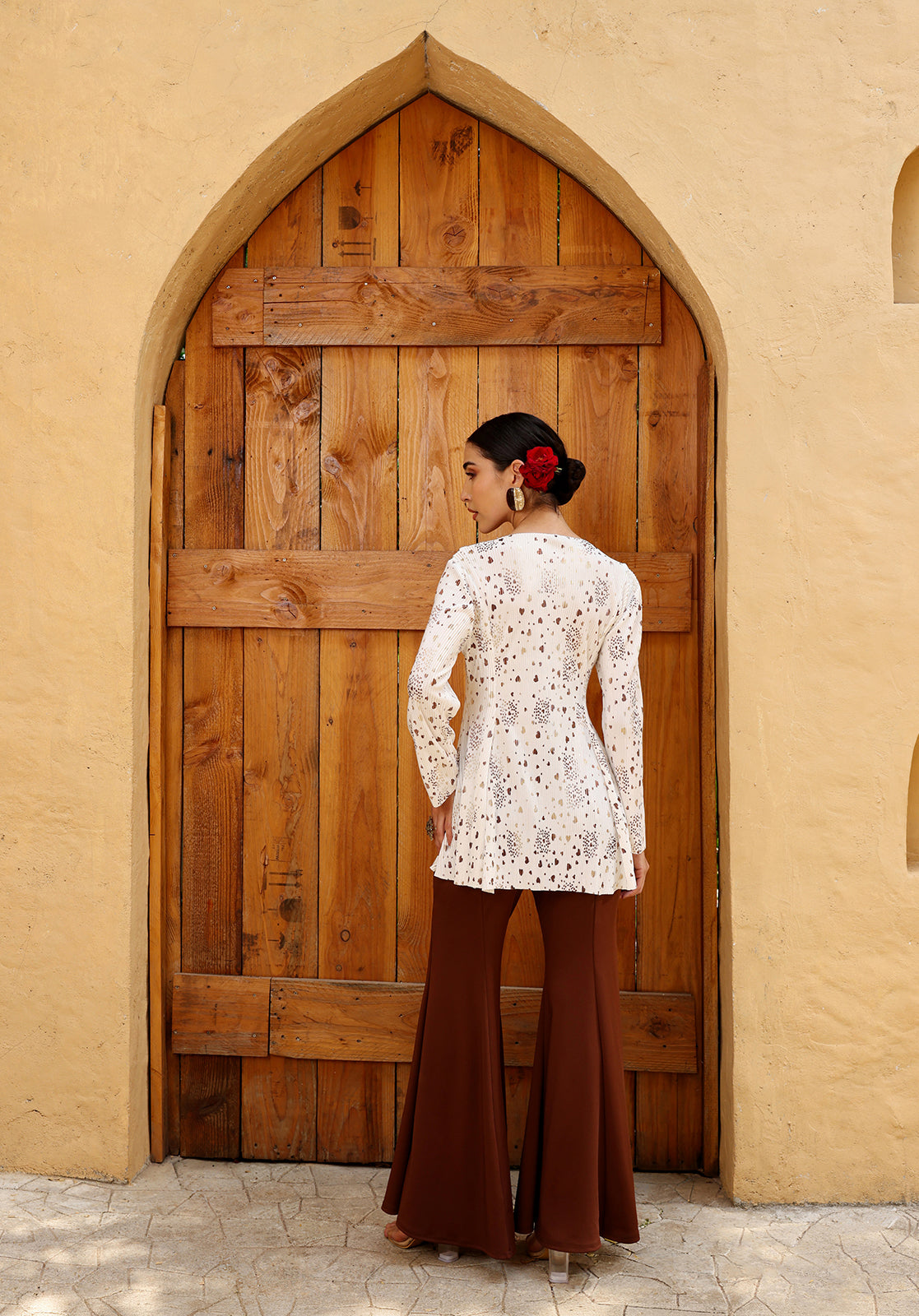 Printed Pleated V-Neck Full Sleeve White  Co-ord Set