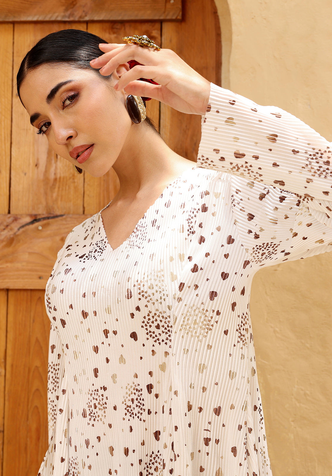 Printed Pleated V-Neck Full Sleeve White  Co-ord Set