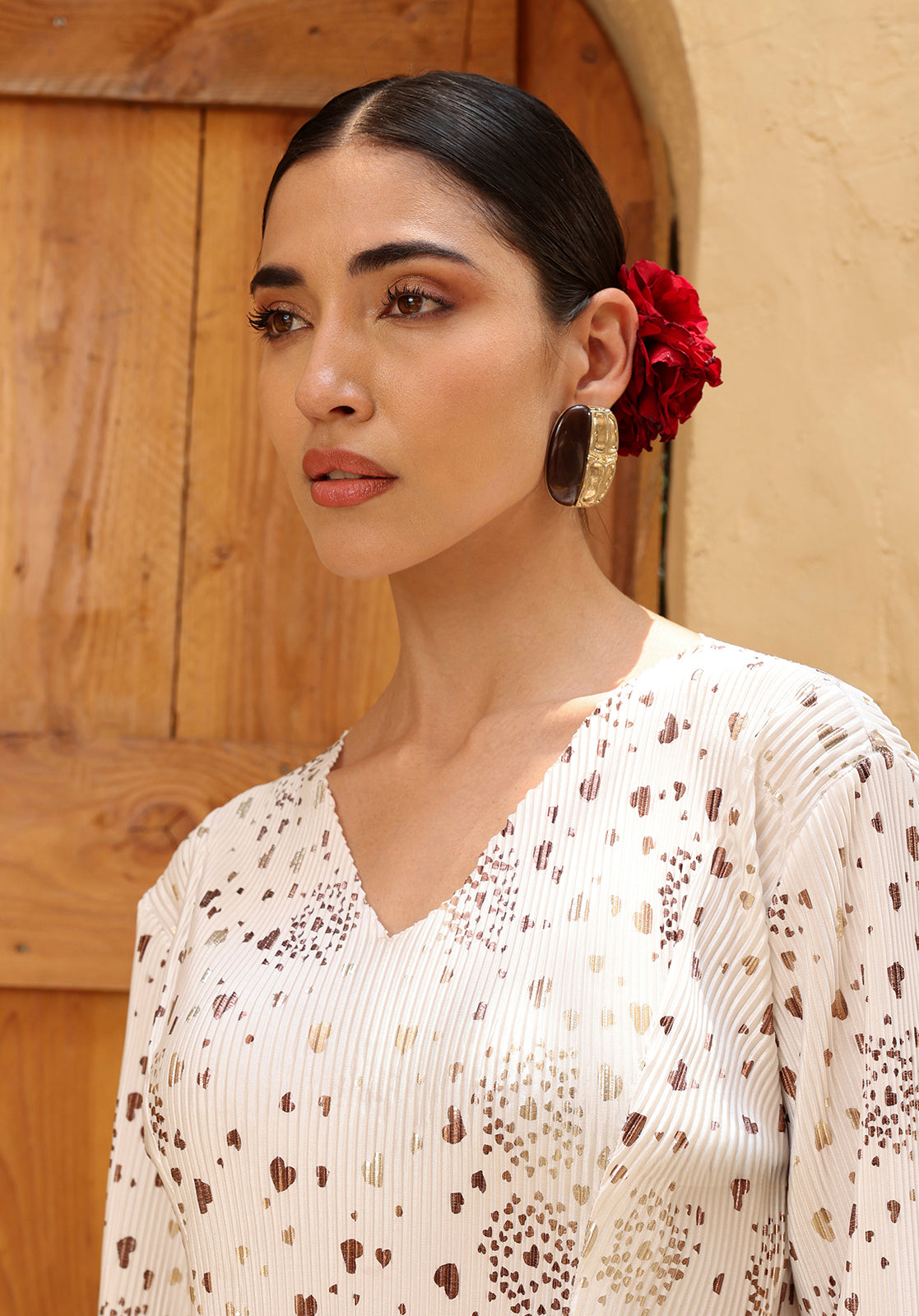 Printed Pleated V-Neck Full Sleeve White  Co-ord Set