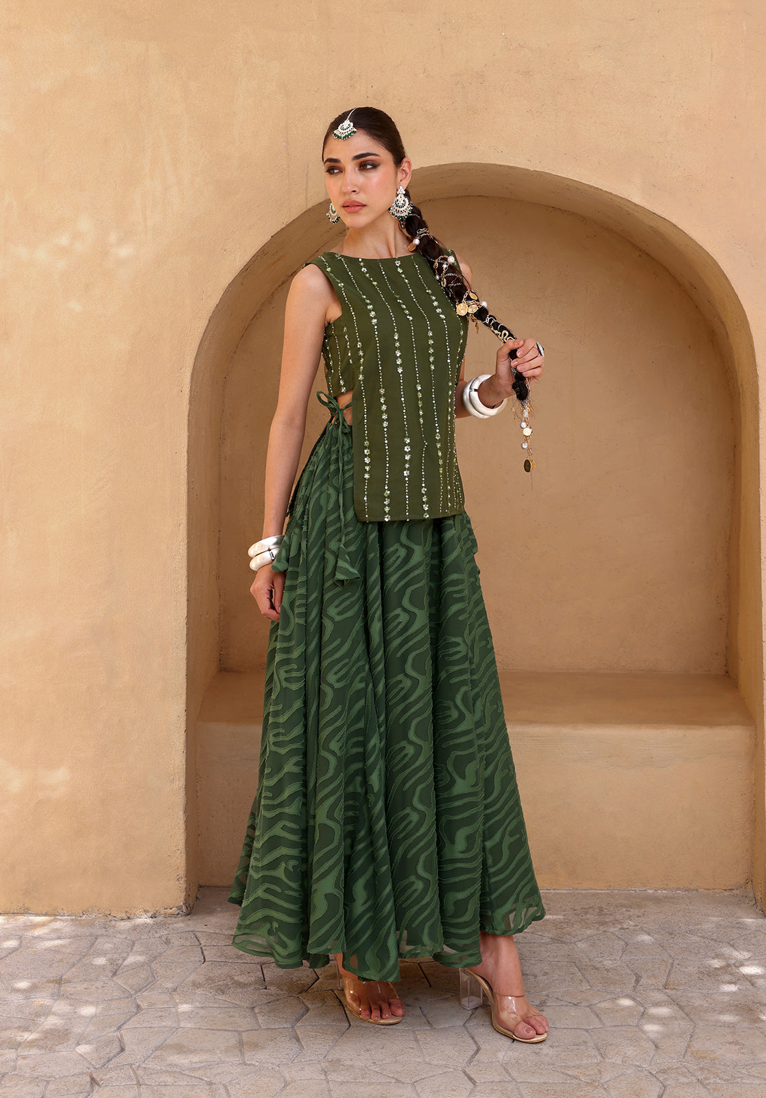 Olive Poly Georgette Co-ord Set