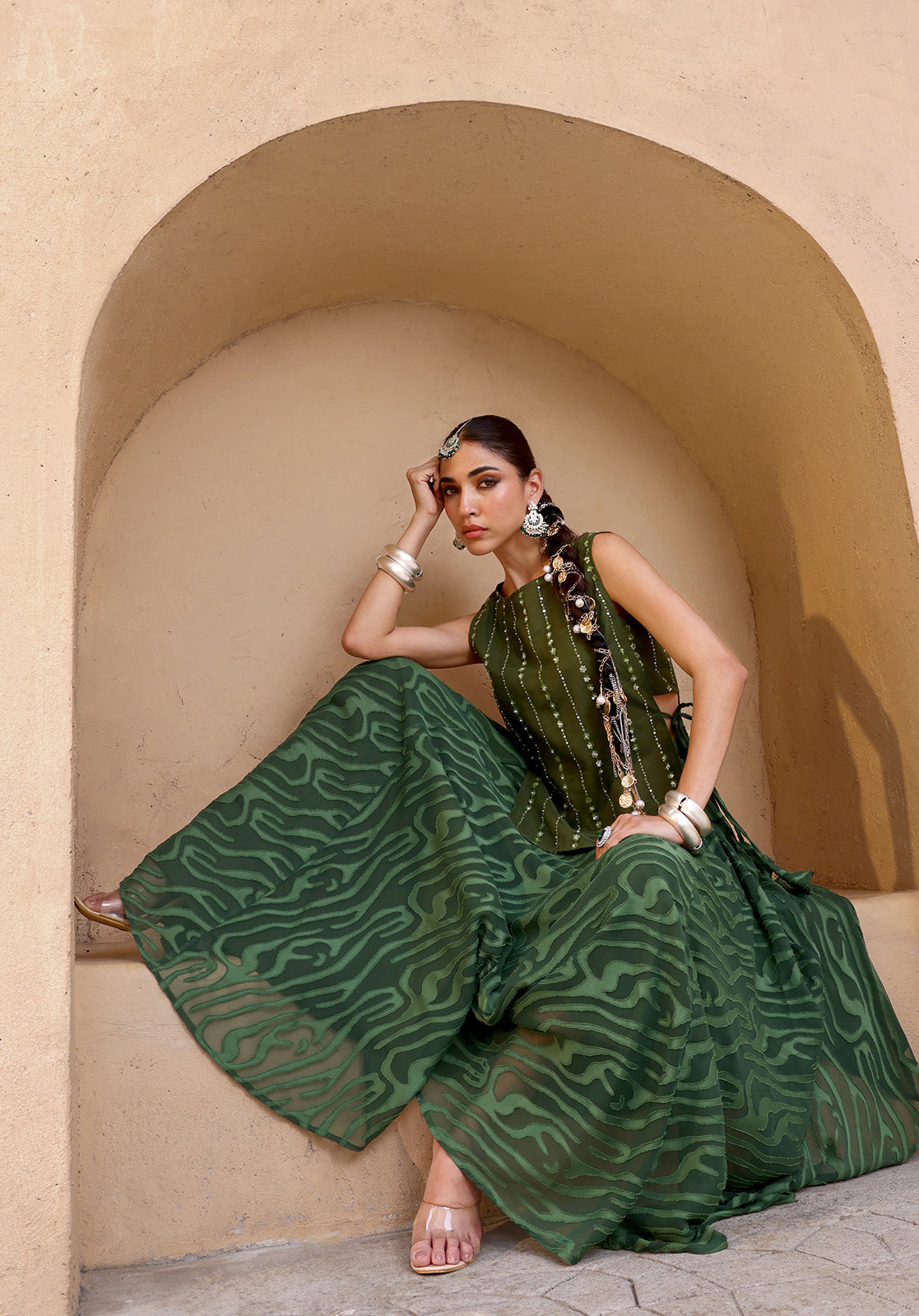 Olive Poly Georgette Co-ord Set