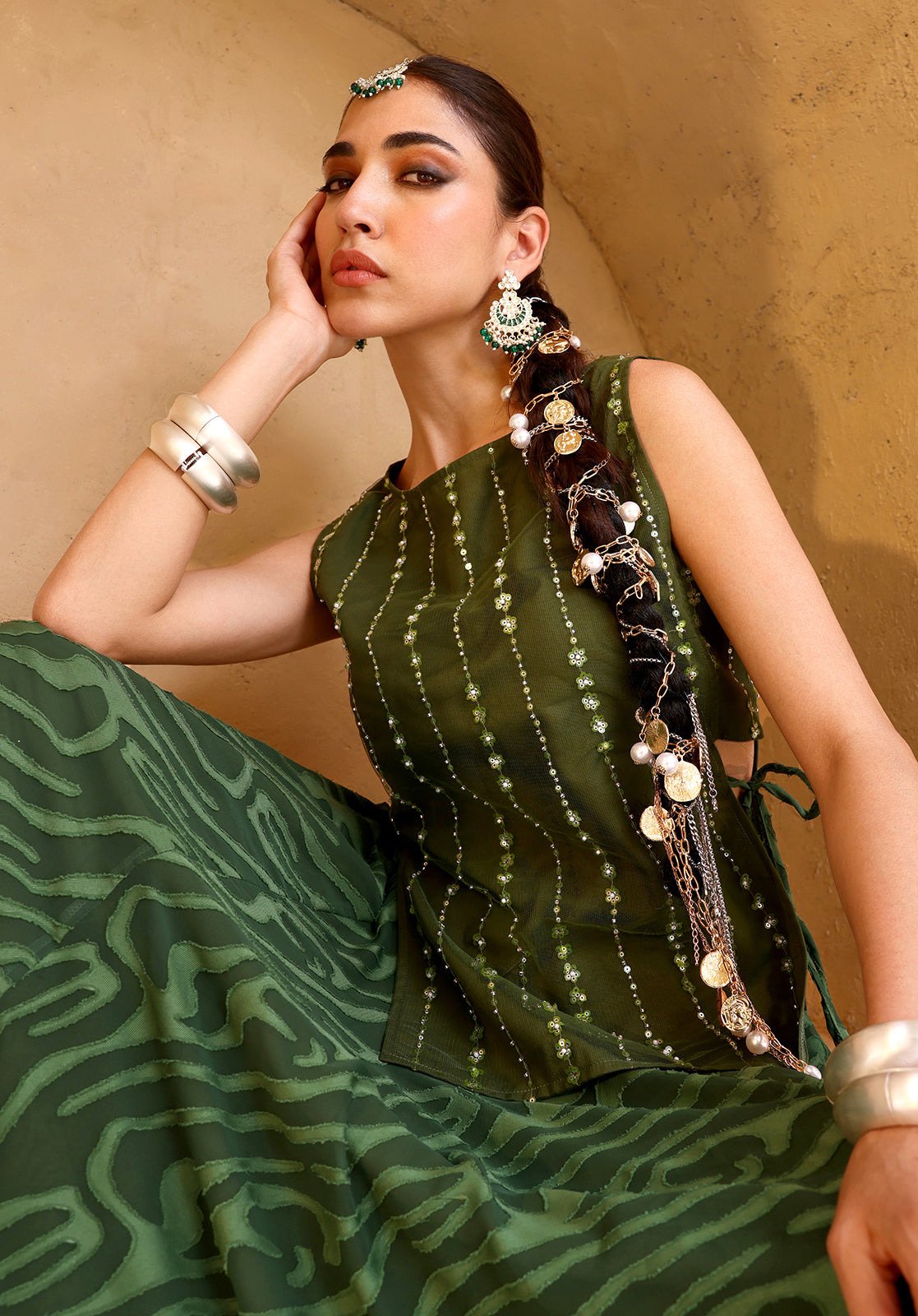 Olive Poly Georgette Co-ord Set