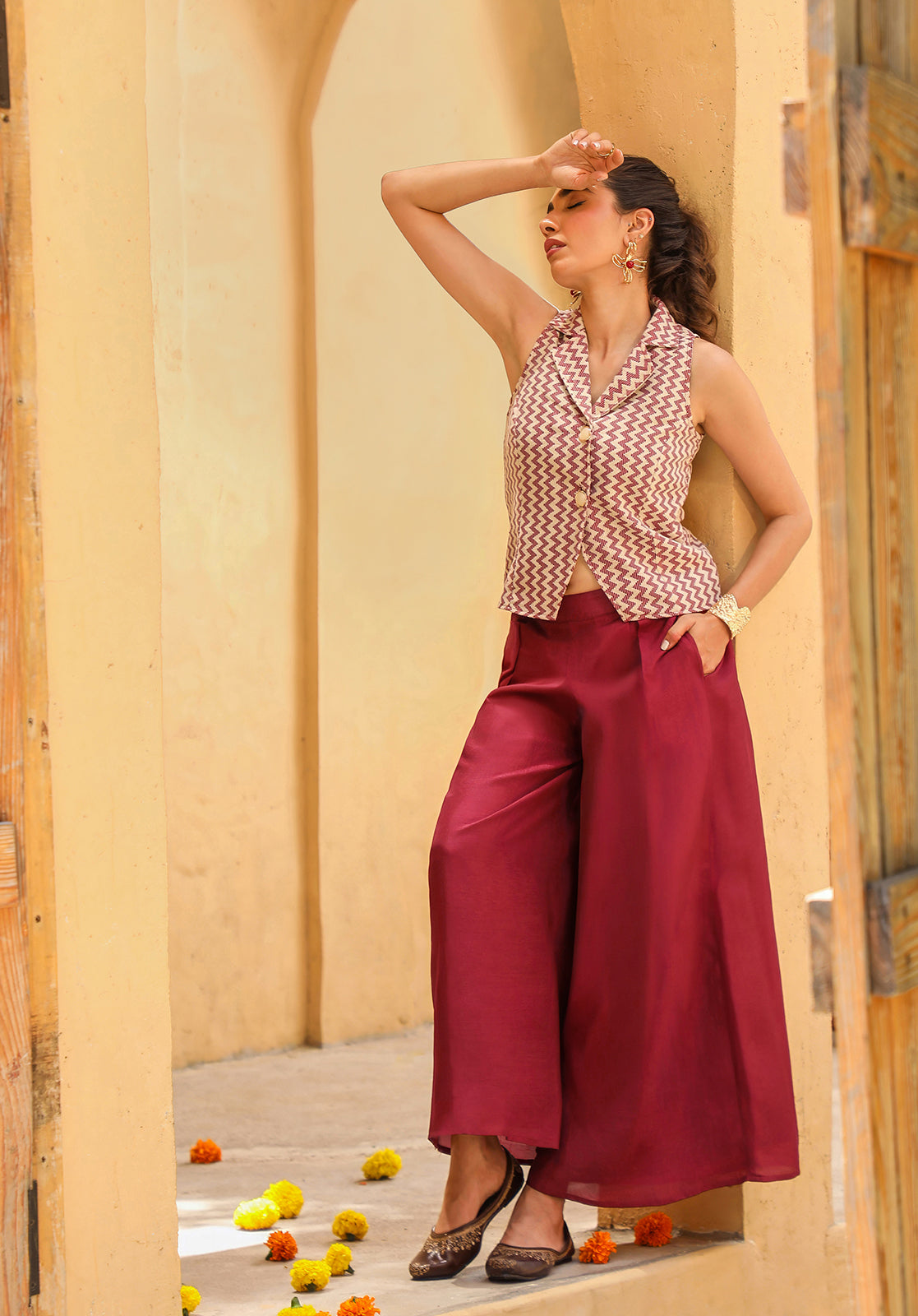 Geometric Woven Sleeveless Shirt Collar Maroon  Co-ord Set