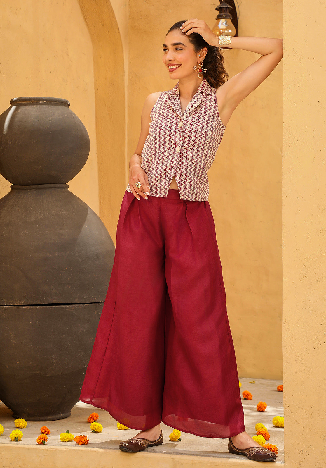 Geometric Woven Sleeveless Shirt Collar Maroon  Co-ord Set