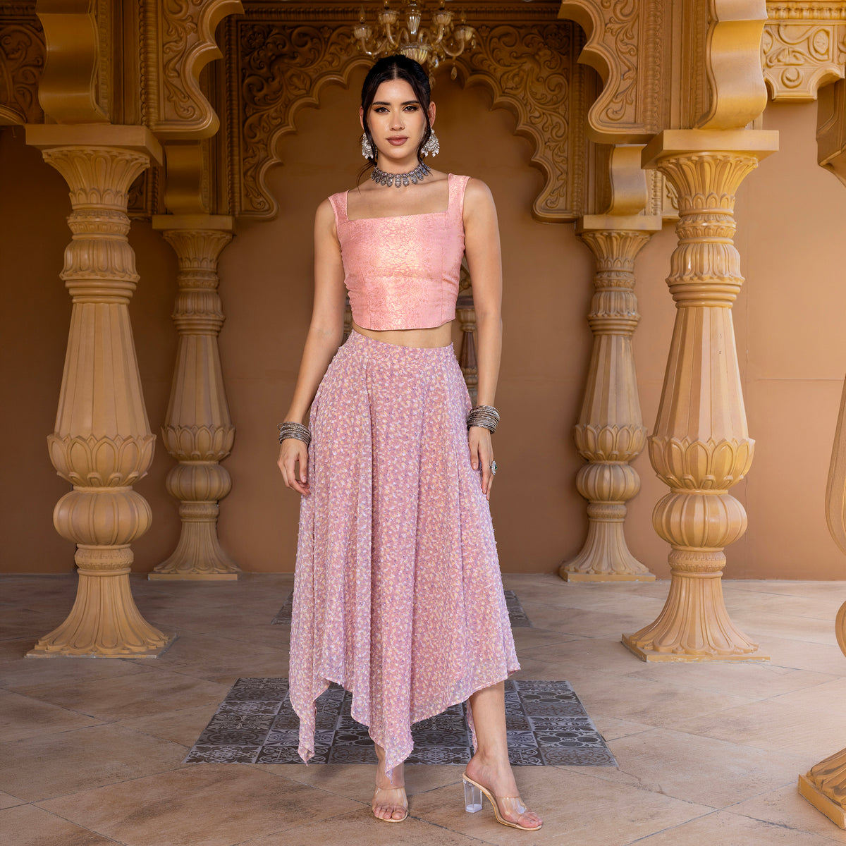 Sleeveless Brocade top with Asymetrical Skirt
